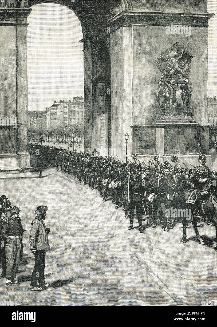 German Troops, Passing under the Arc de Triomphe, in Paris France, 1 March 1871, following Prussian victory in the Franco-Prussian War Stock Photo