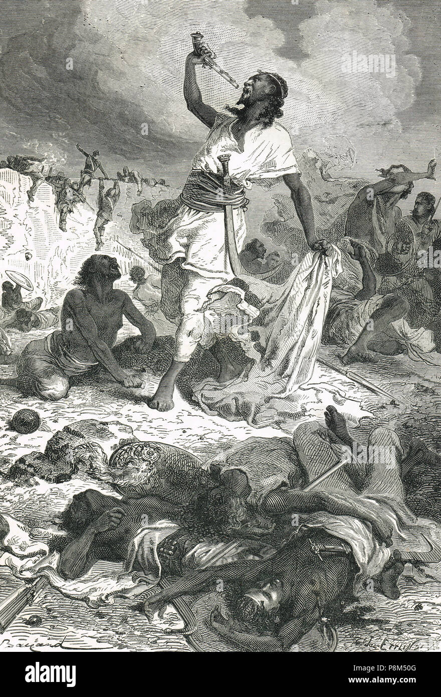Death of Abyssinian Emperor Theodore II, Tewodros II, committing suicide on Easter Monday, April 13 1868, as the British army stormed Magdalla, British Expedition to Abyssinia, 1867-1868, shooting himself with a pistol gifted to him by Queen Victoria Stock Photo