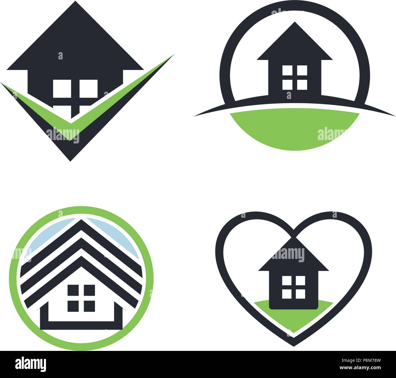 Real estate logo set.House rent icon. Sweet home collection. Heart icon.Estate sale logo. Round icon.Cosiness logo.Isolated vector.Graphic art. Building logo.Architectural construction logo.Tick icon. Stock Vector