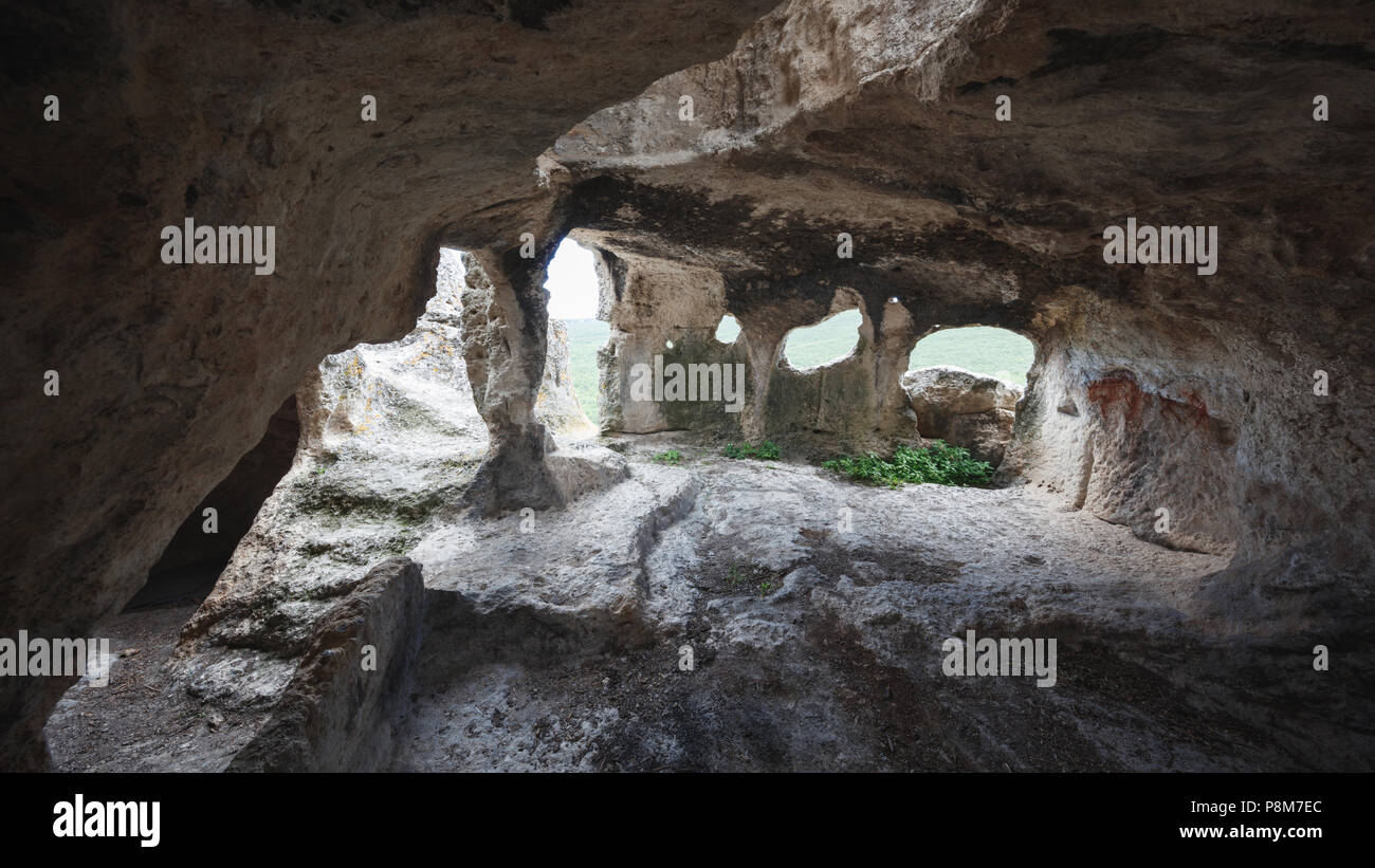 Interior of a medieval cave stone dwelling, Crimea, Russia Stock Photo