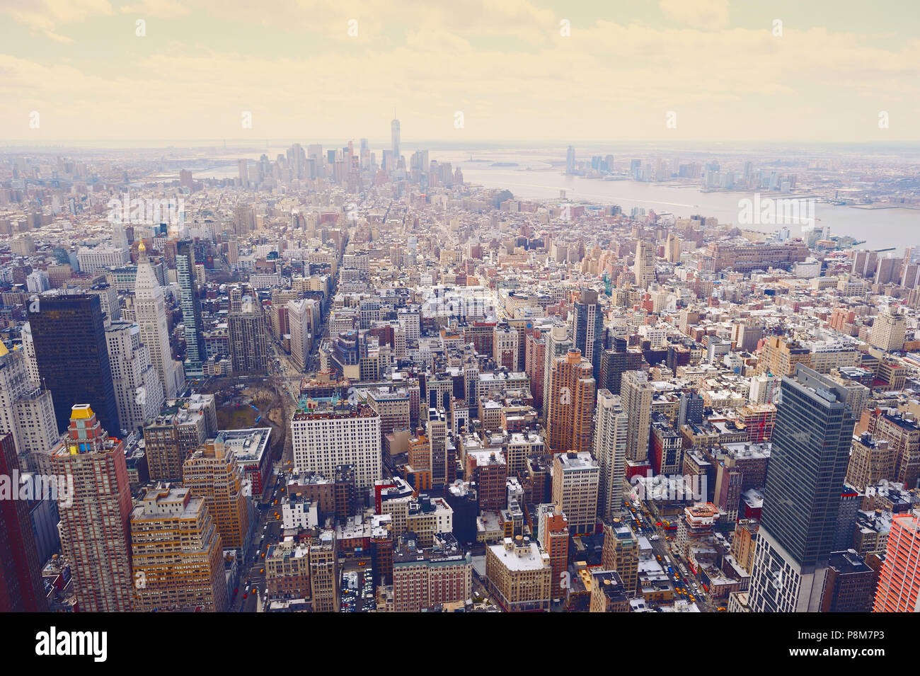 New York City Manhattan skyline aerial view at evening Stock Photo - Alamy