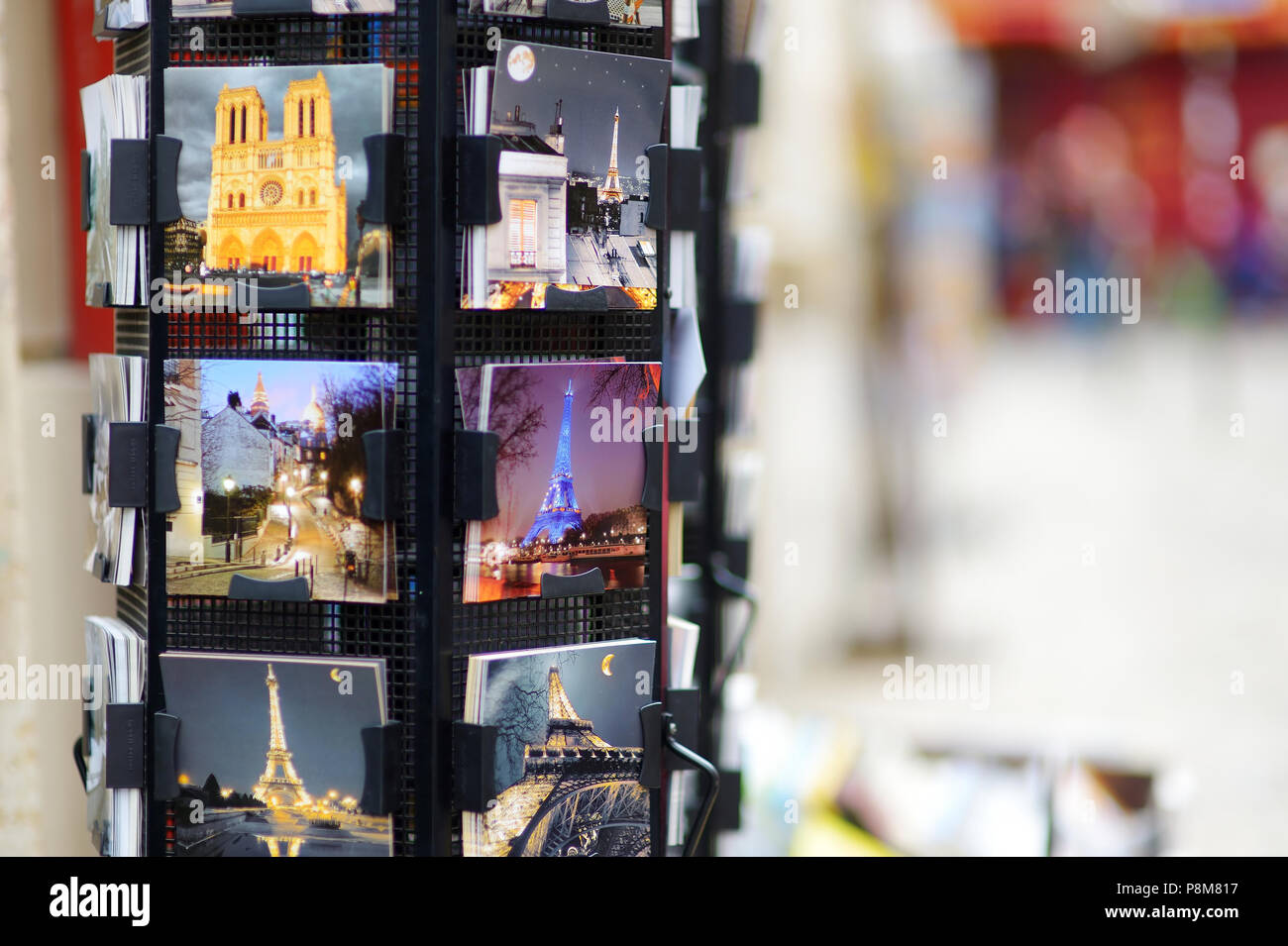 MARCH 1, 2015 - PARIS: Various postcards from Paris displayed at souvenir shop Stock Photo