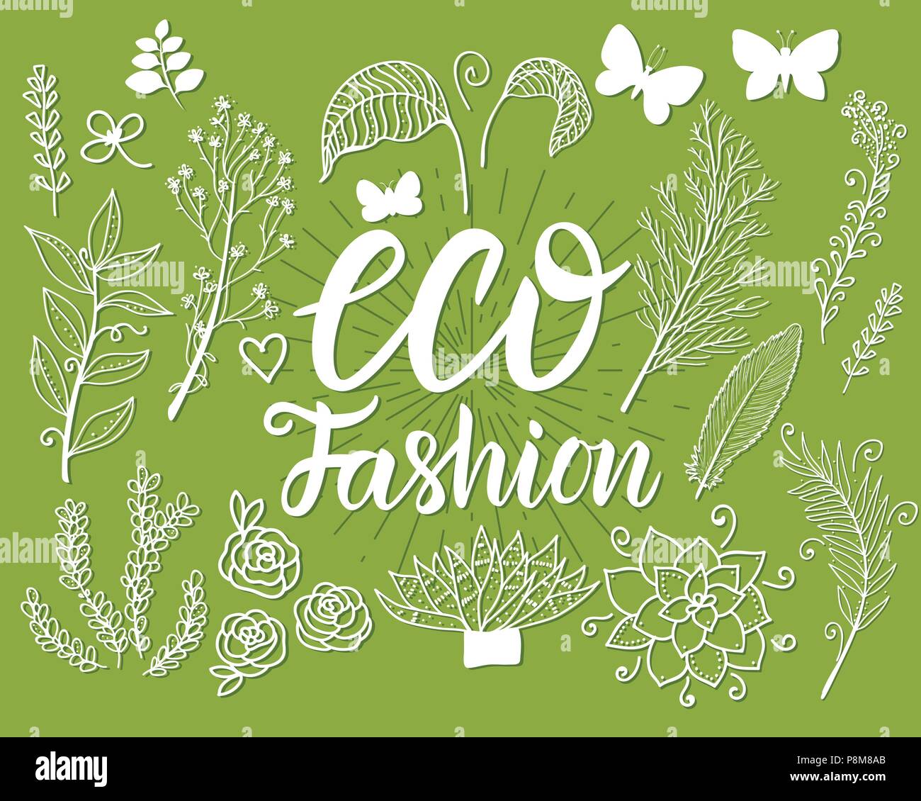 Set Vector Eco Fashion inscription with green botanical flower isolated on green background. Stock Vector