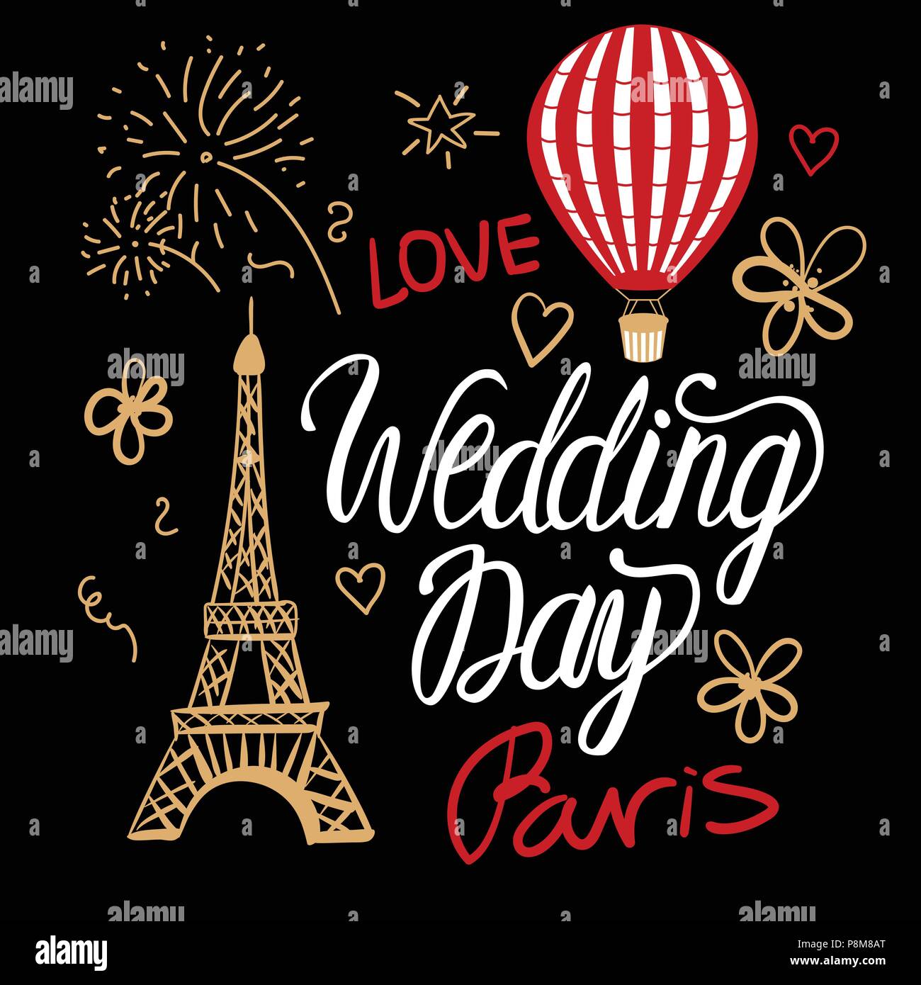 Wedding Day in a vintage Parisian style fashion. Vector illustrations elements Eiffel Tower, air balloon and lettering. Stock Vector