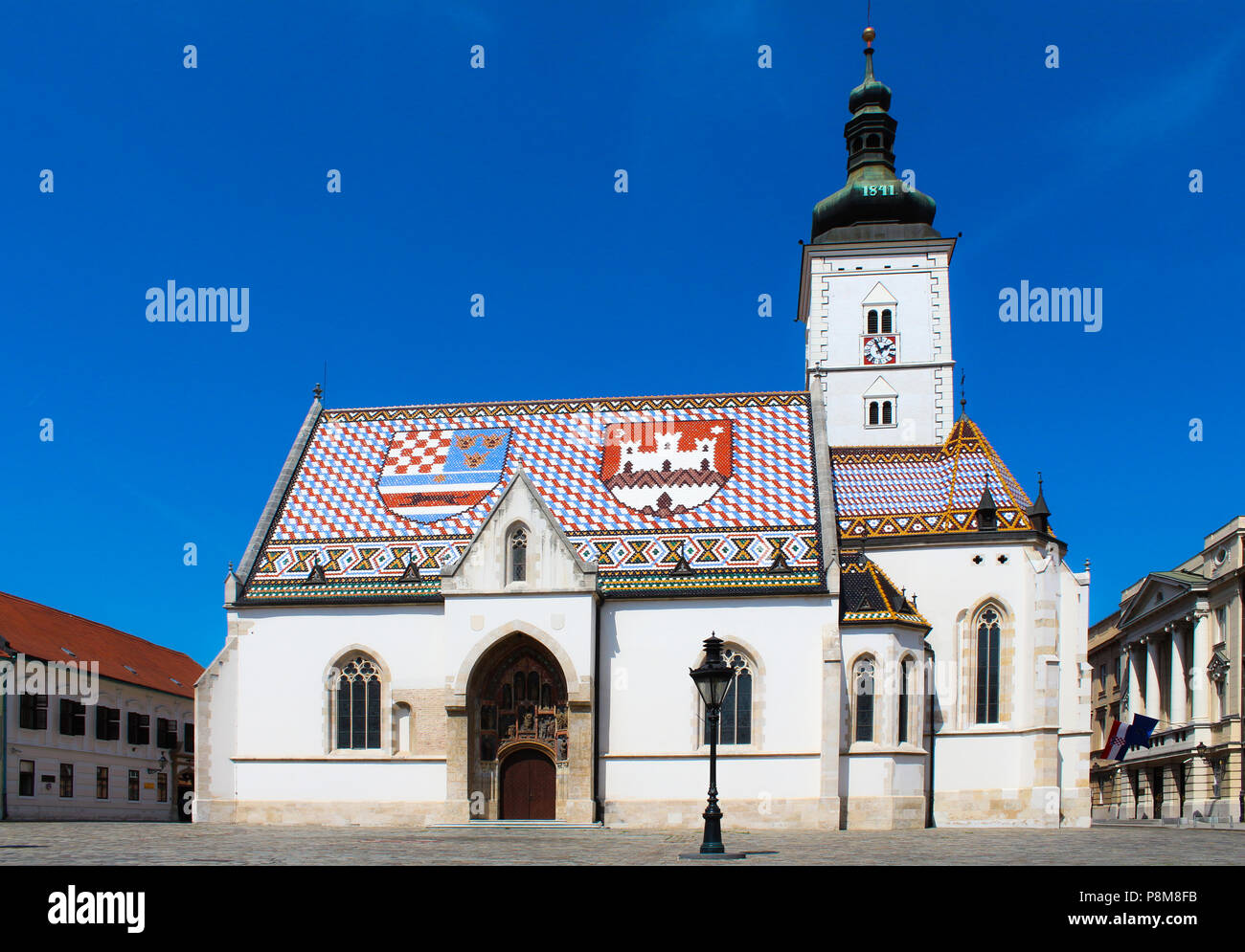 St. Mark's Church, Zagreb. Monumental, medieval-style, Serbian Orthodox church constructed from 1931-1940. Stock Photo