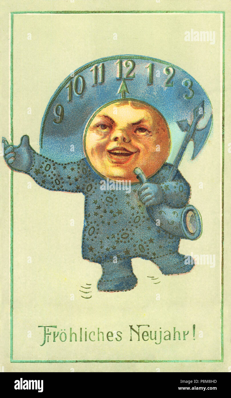Antique color postcard.  Moon figure with the clock face. Happy New Year Fröhliches Neujahr, 1910s Stock Photo