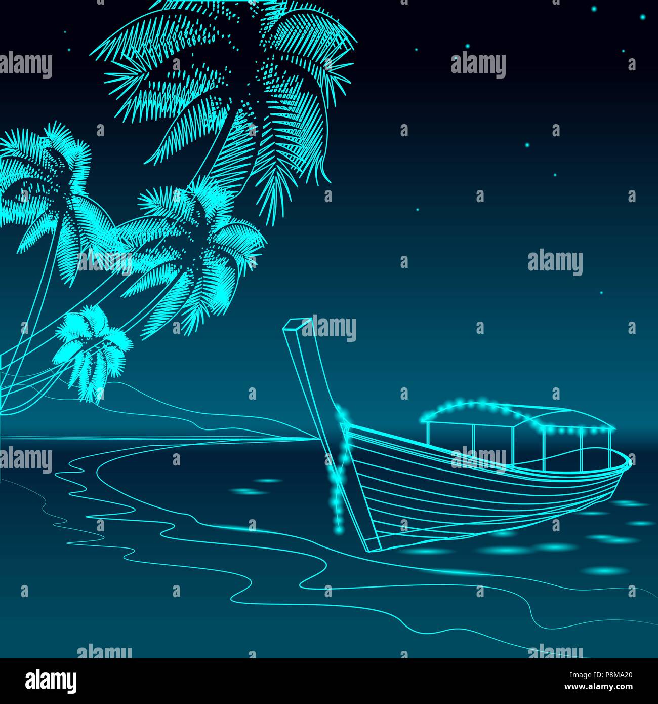 Boat night promenade sea vacation. Romantic date wedding travel leisure sandy coast starry sky. Palm beach ocean shore vector illustration. Tropical w Stock Vector