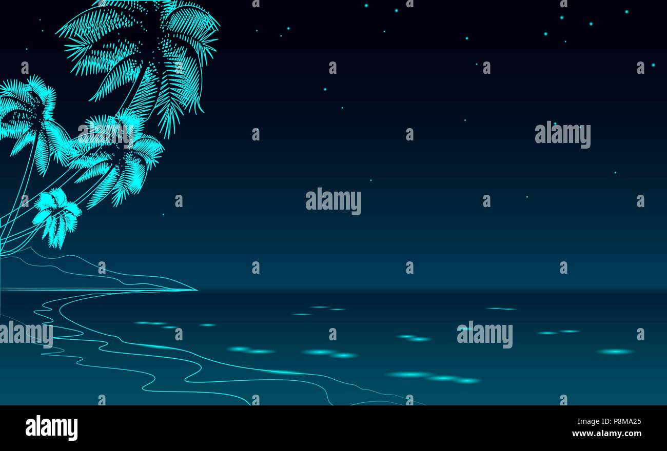 Seashore night promenade sea vacation. Romantic date wedding travel leisure sandy coast starry sky. Palm beach ocean shore vector illustration. Tropic Stock Vector