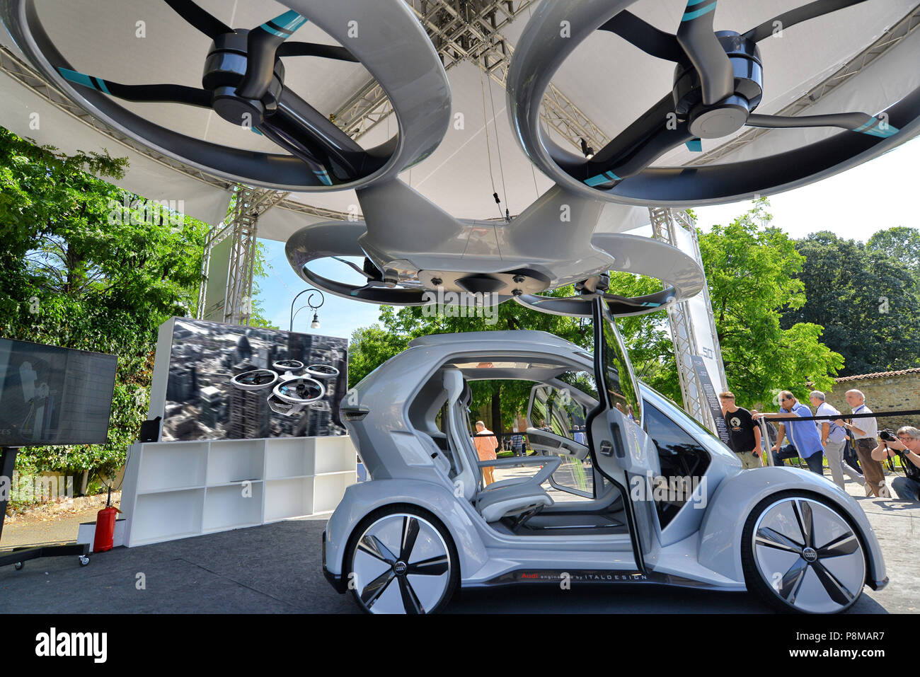 Pop Up Next fully electric modular system developed by Audi Airbus and  Italdesign combination of ground and air vehicle on display at Auto Show.  Turin Stock Photo - Alamy