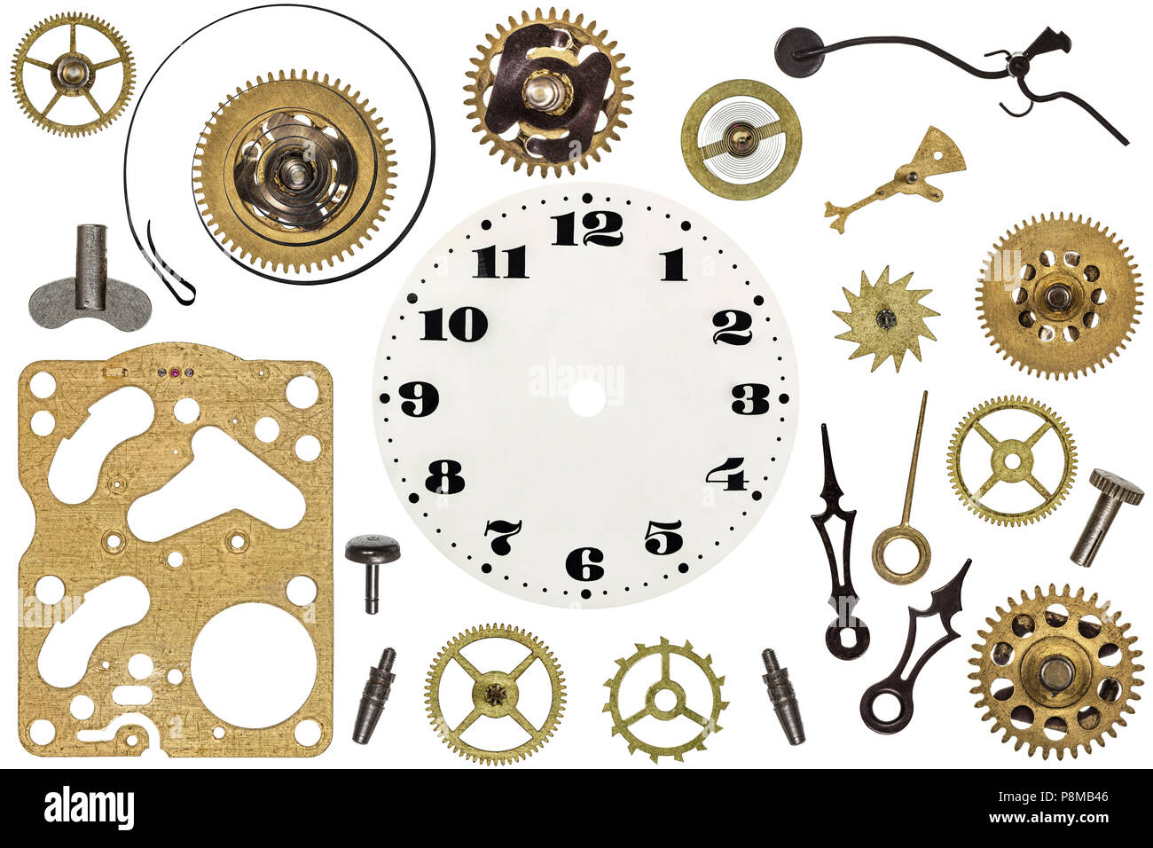 Spare parts for clock. Metal gears, cogwheels, clock face and other ...