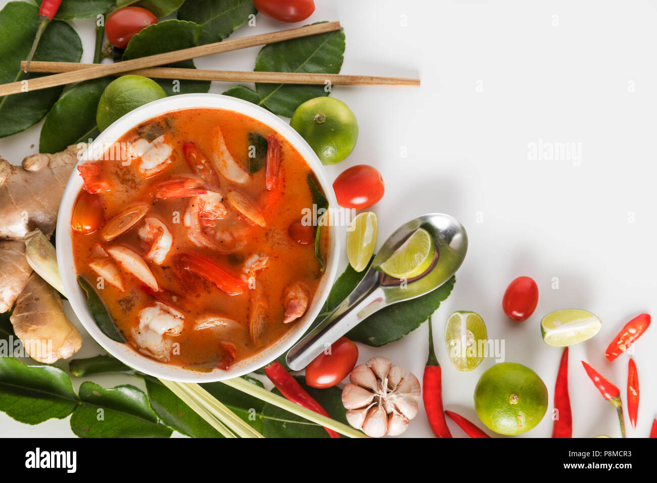 Tom Yum Goong or spicy tom yum soup with prawns shrimps - Authentic Thai  style food. With ingredients: lemongrass, galangal, kaffir lime leaves,  fresh Stock Photo - Alamy