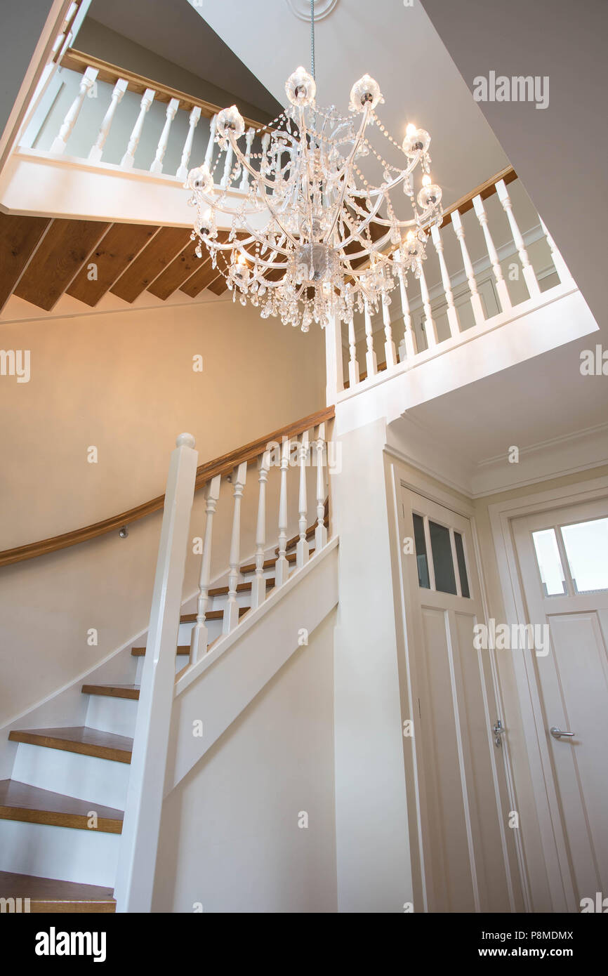 Beautiful Staircase In Victorian Style With Crystal Chandelier And