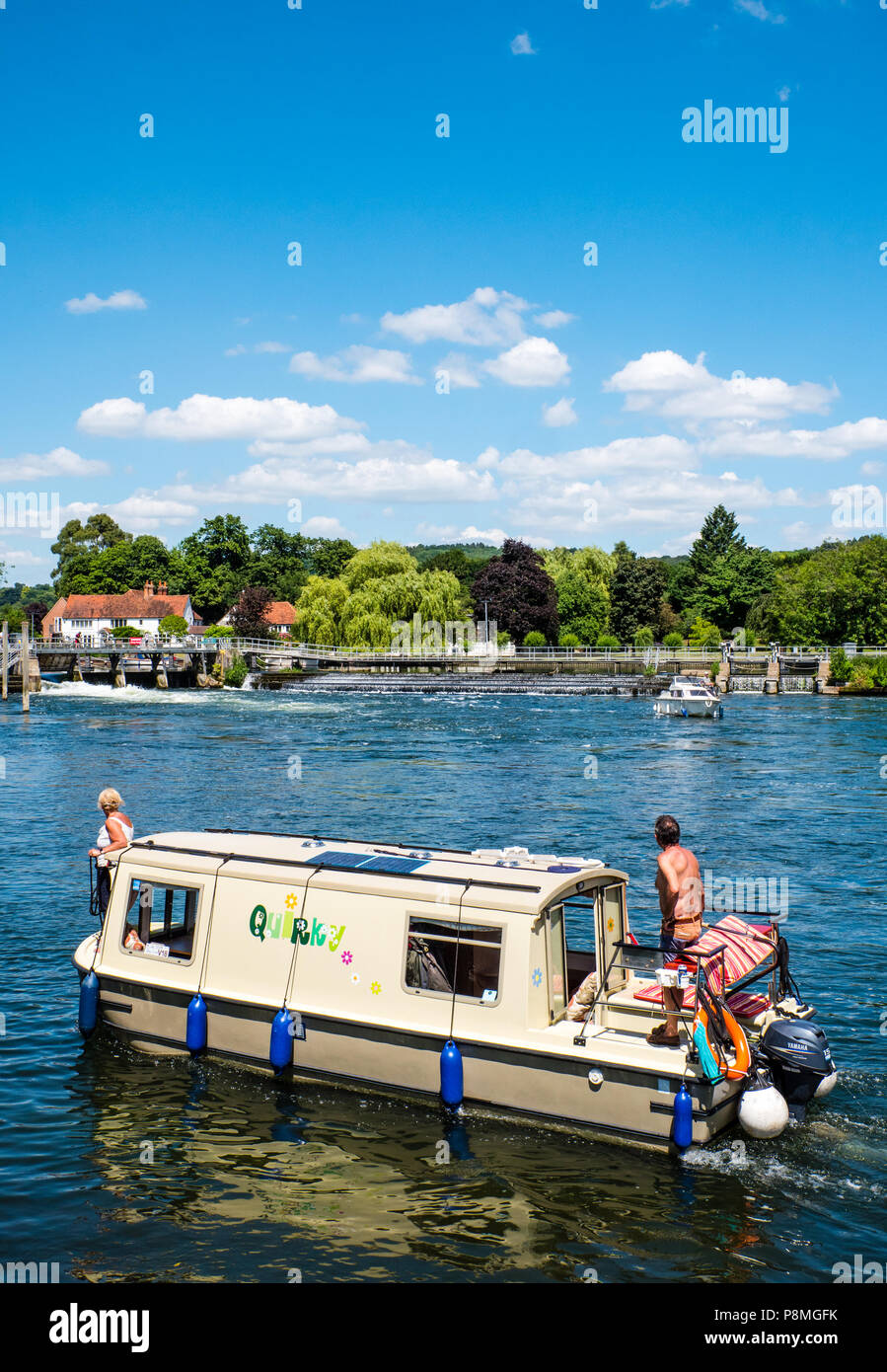 Quirky Boat, Hambleden Lock and Weir, River Thames, Berkshire, England, UK, GB. Stock Photo