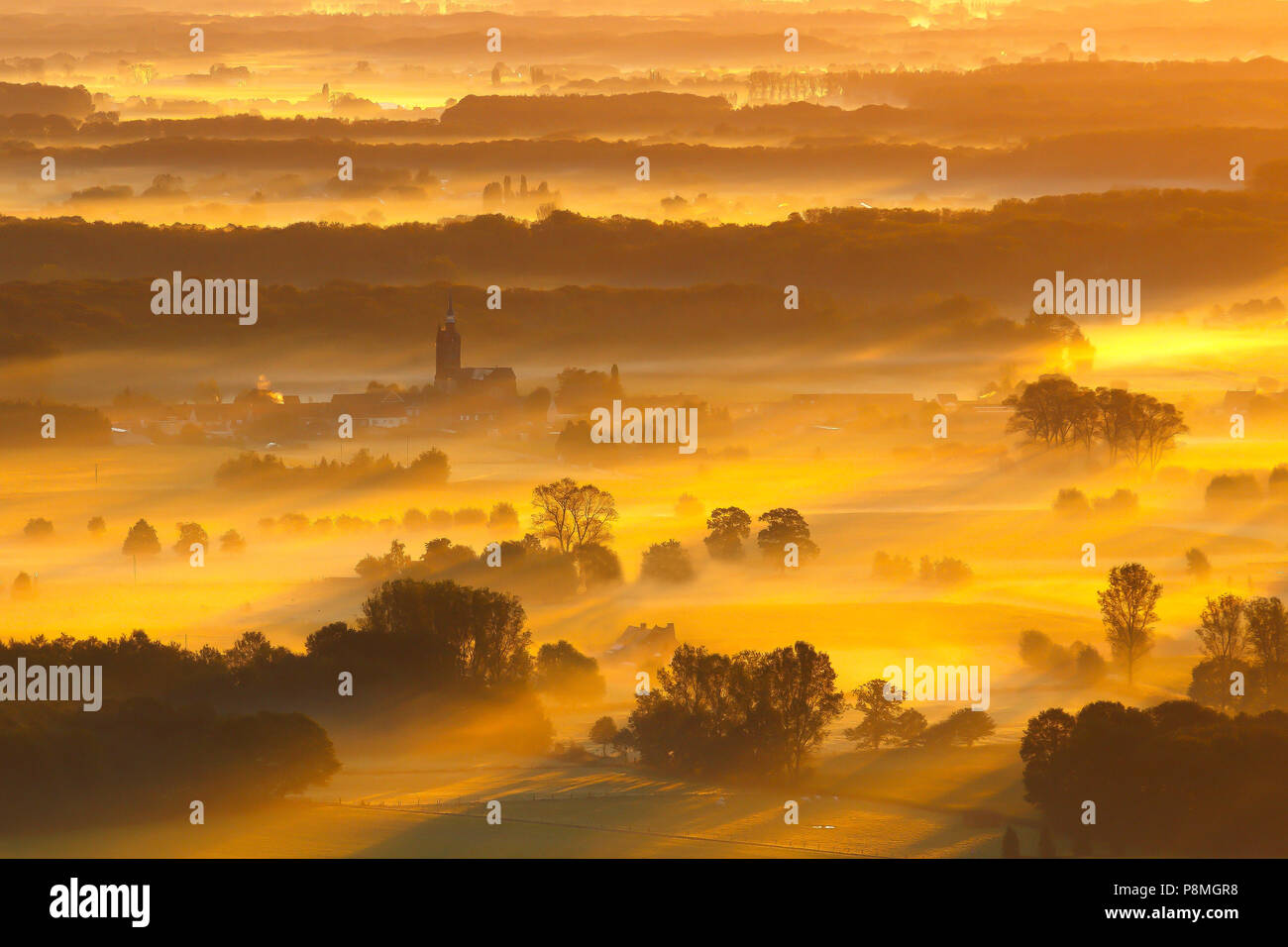 Aerial picture of the bocage country near Bruges at dawn Stock Photo