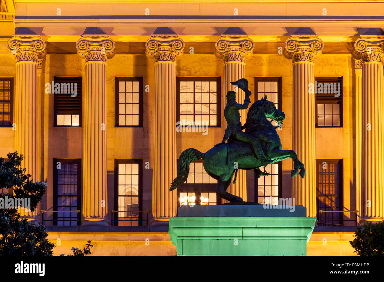 Equestrian statue of President Andrew Jackson in front of the State Capitol Building, Nashville, Tennessee, USA Stock Photo