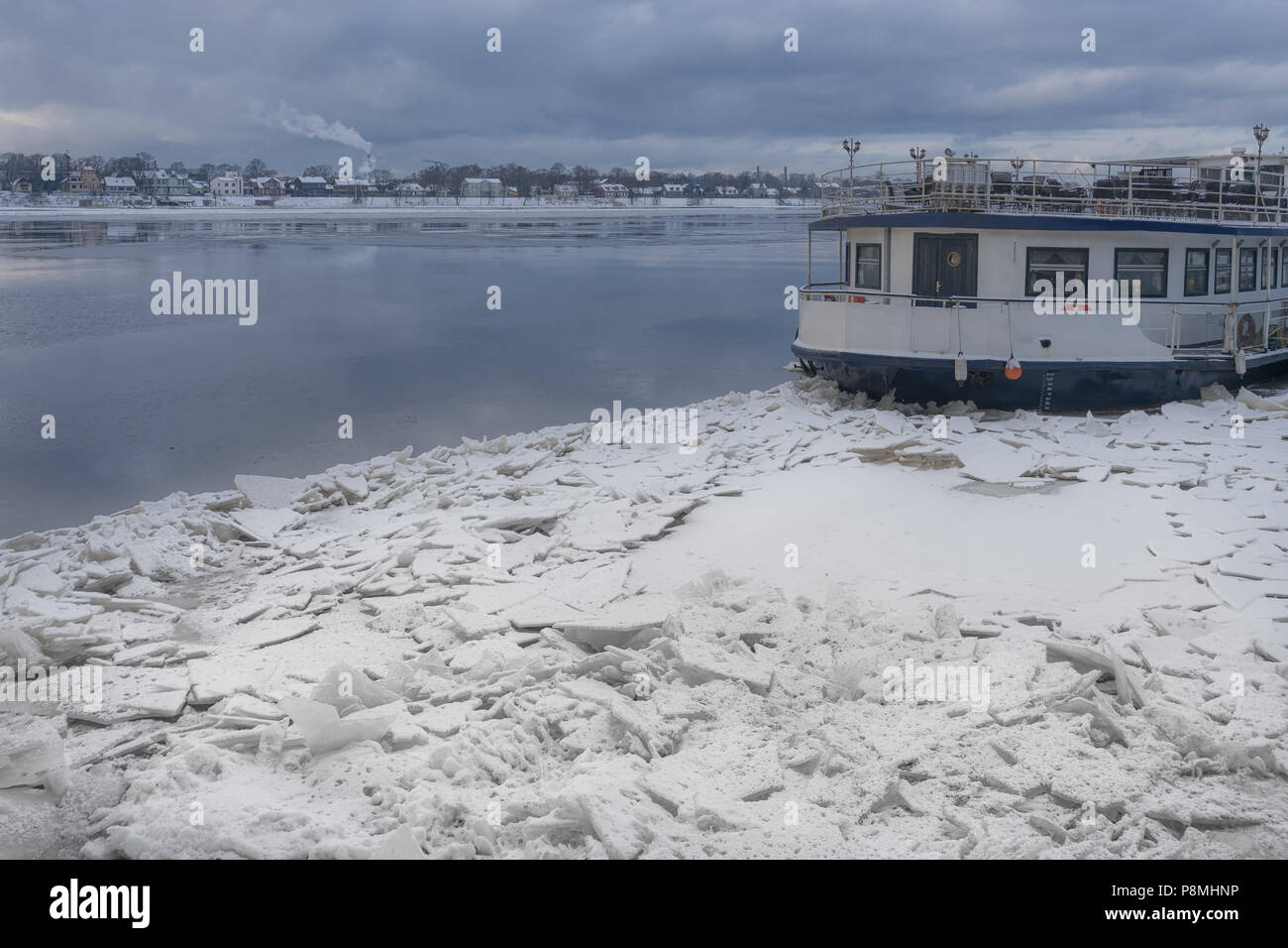 Vintage steamboat among the ice on the river Stock Photo Alamy