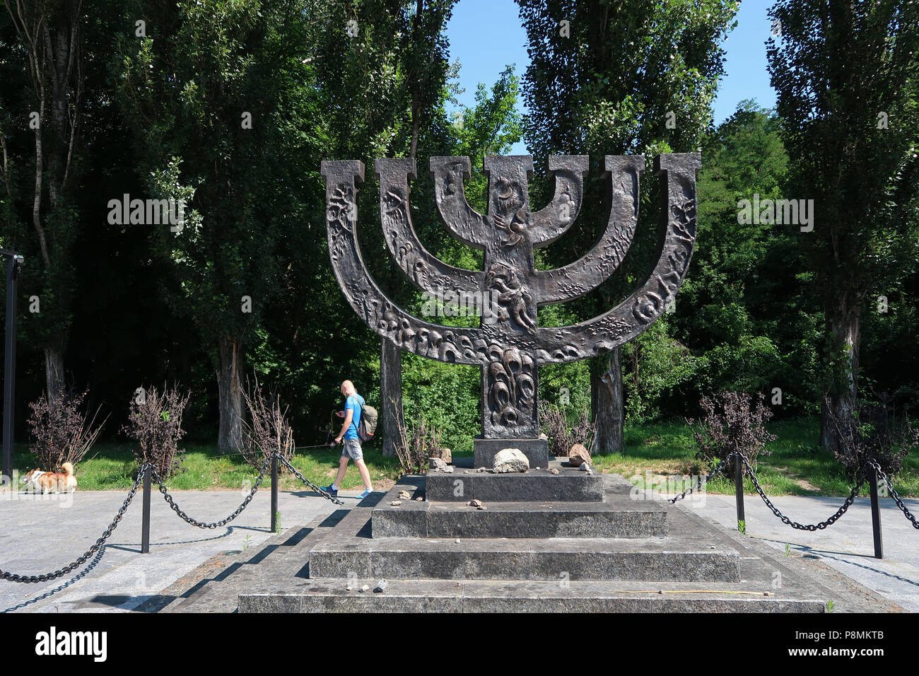 Menorah-shaped monument to the Jews (about 100,000) massacred at Babi Yar a site of massacres carried out by German forces and by local Ukrainian collaborators during their campaign against the Soviet Union in World War II in the suburbs of Kiev capital of Ukraine Stock Photo