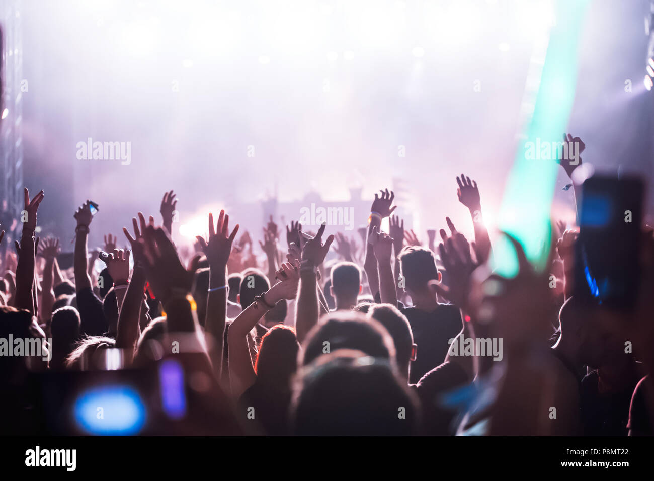 Cheering crowd with hands in air at music festival Stock Photo - Alamy