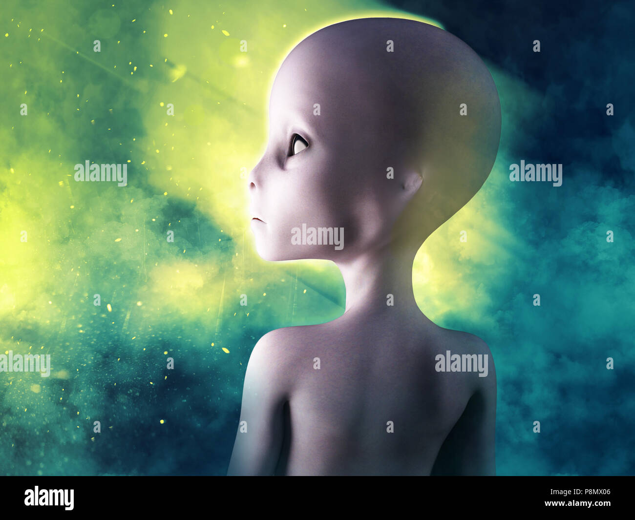 3D rendering of an alien with smoke in the background. Stock Photo
