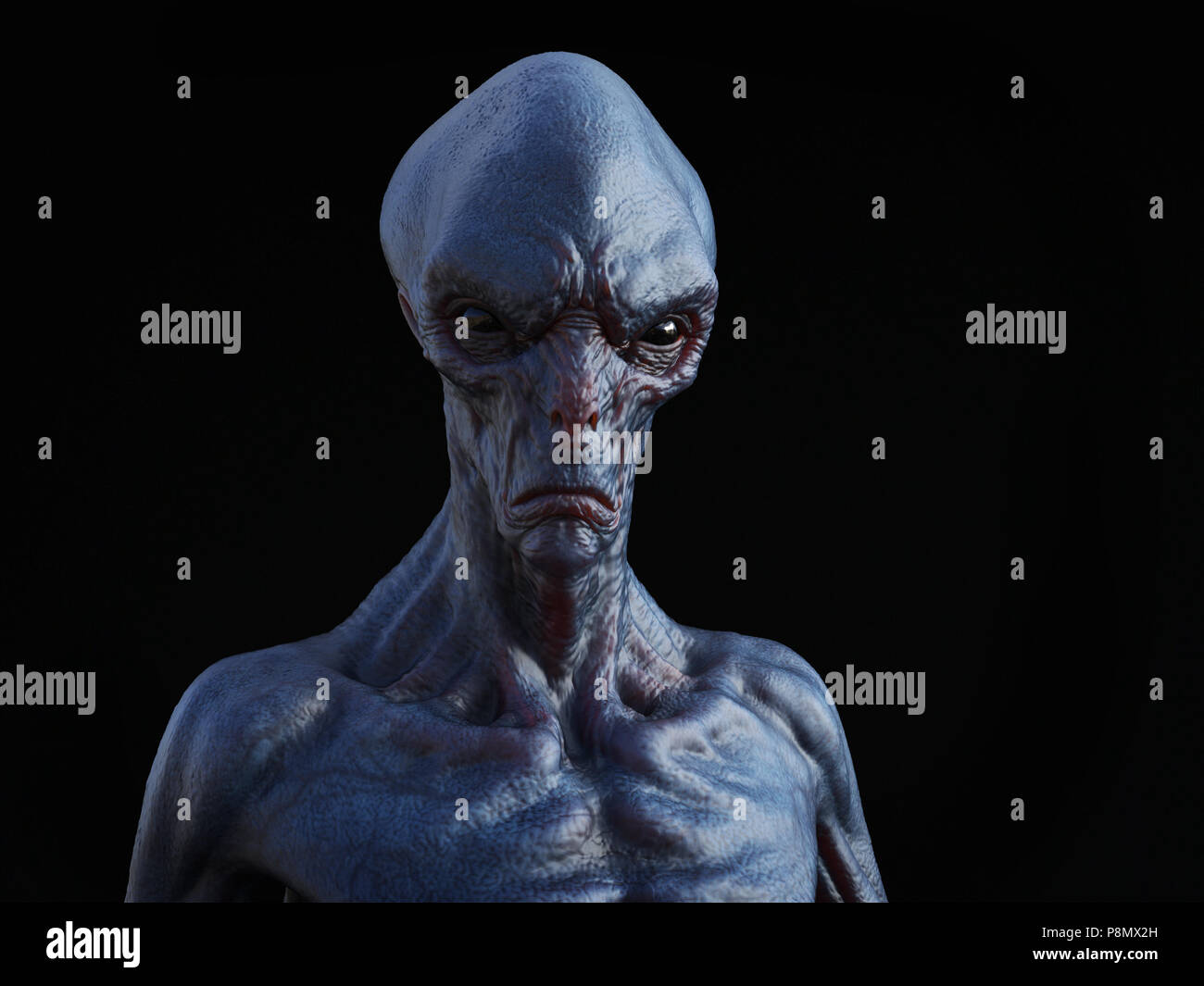 Portrait of an alien creature, 3D rendering. Black background. Stock Photo