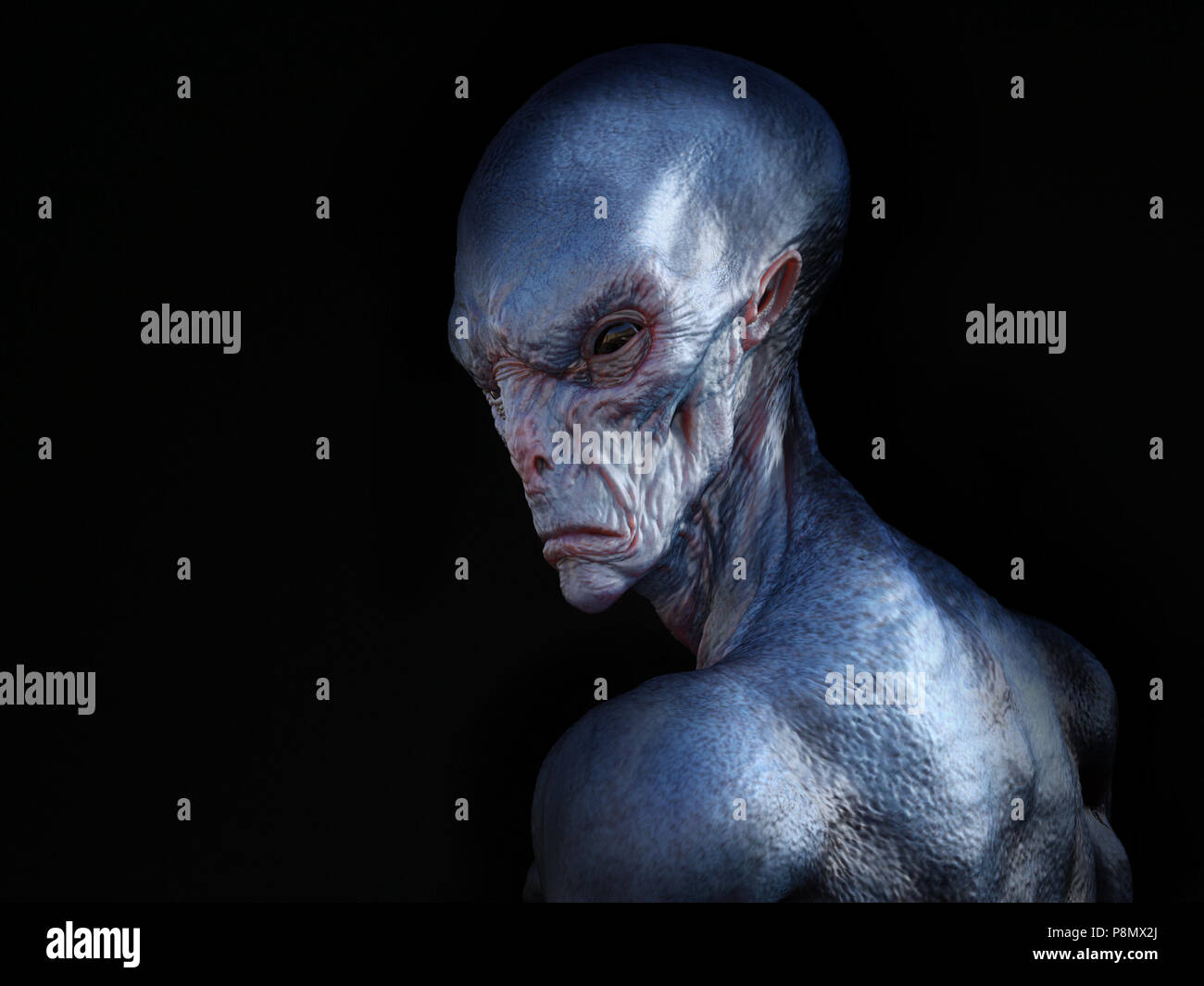 Portrait of an alien creature with its back turned against the camera, 3D rendering. Black background. Stock Photo