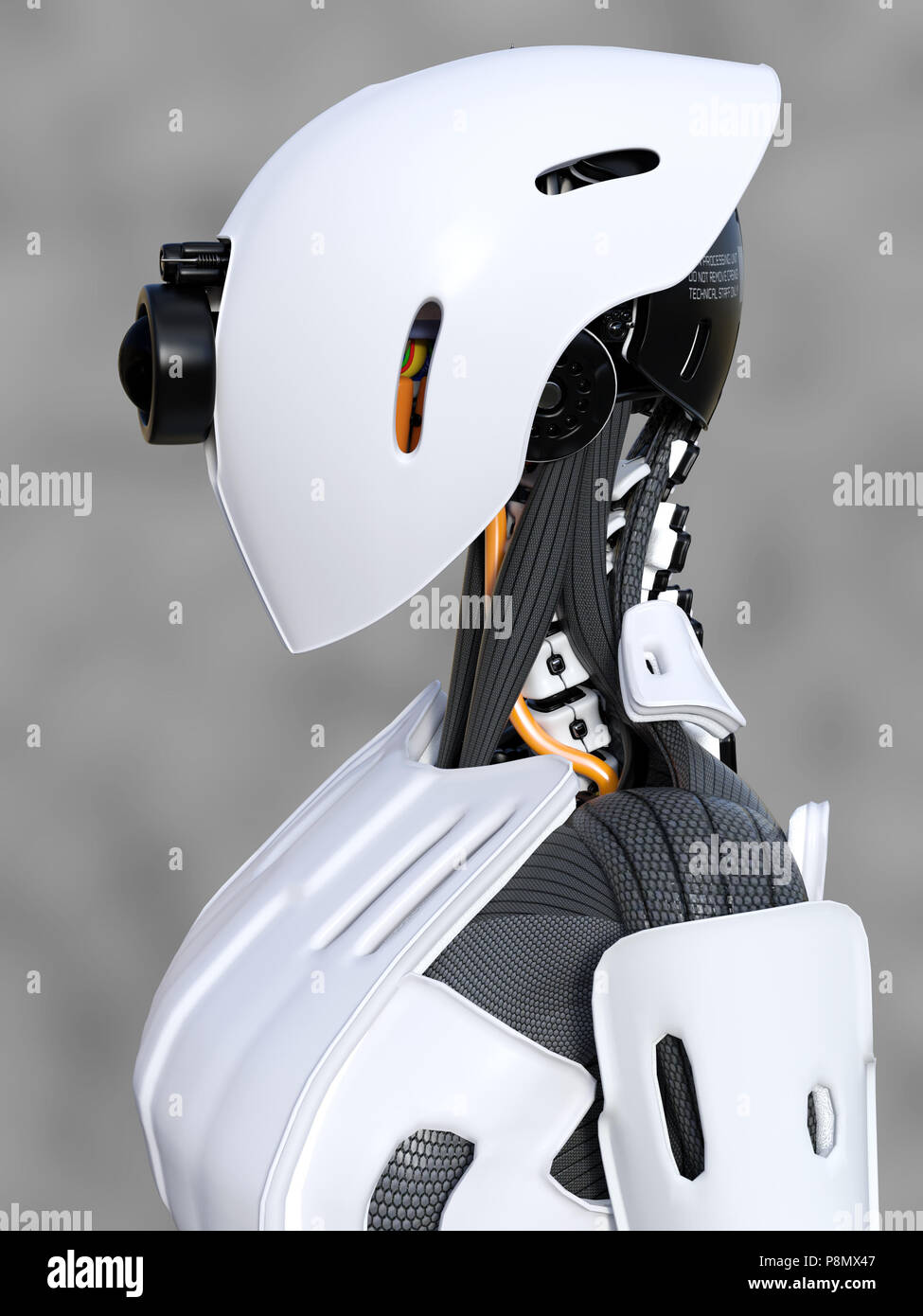 3D rendering of a female android robot head against a gray background. Stock Photo