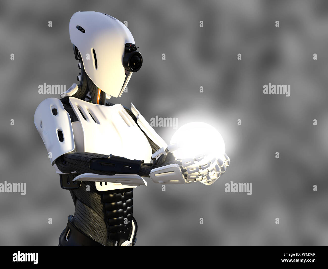 3D rendering of a female android robot holding a glowing sphere of energy or light in her hand against a gray background. Stock Photo