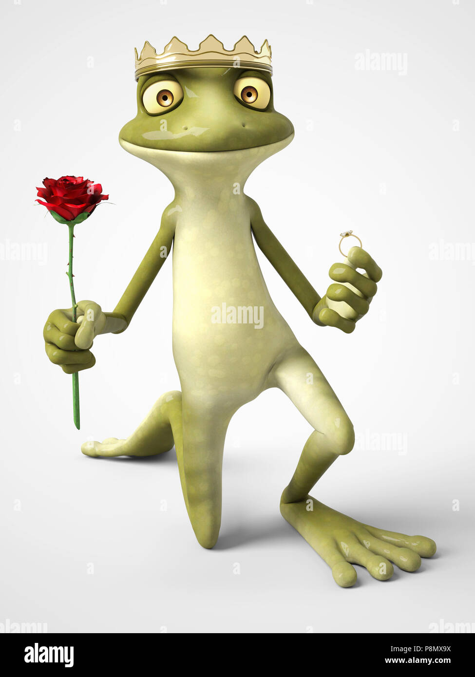 3D rendering of a smiling, romantic cartoon frog prince holding a red rose in one hand and a ring in the other. He is down on one knee to propose. Whi Stock Photo