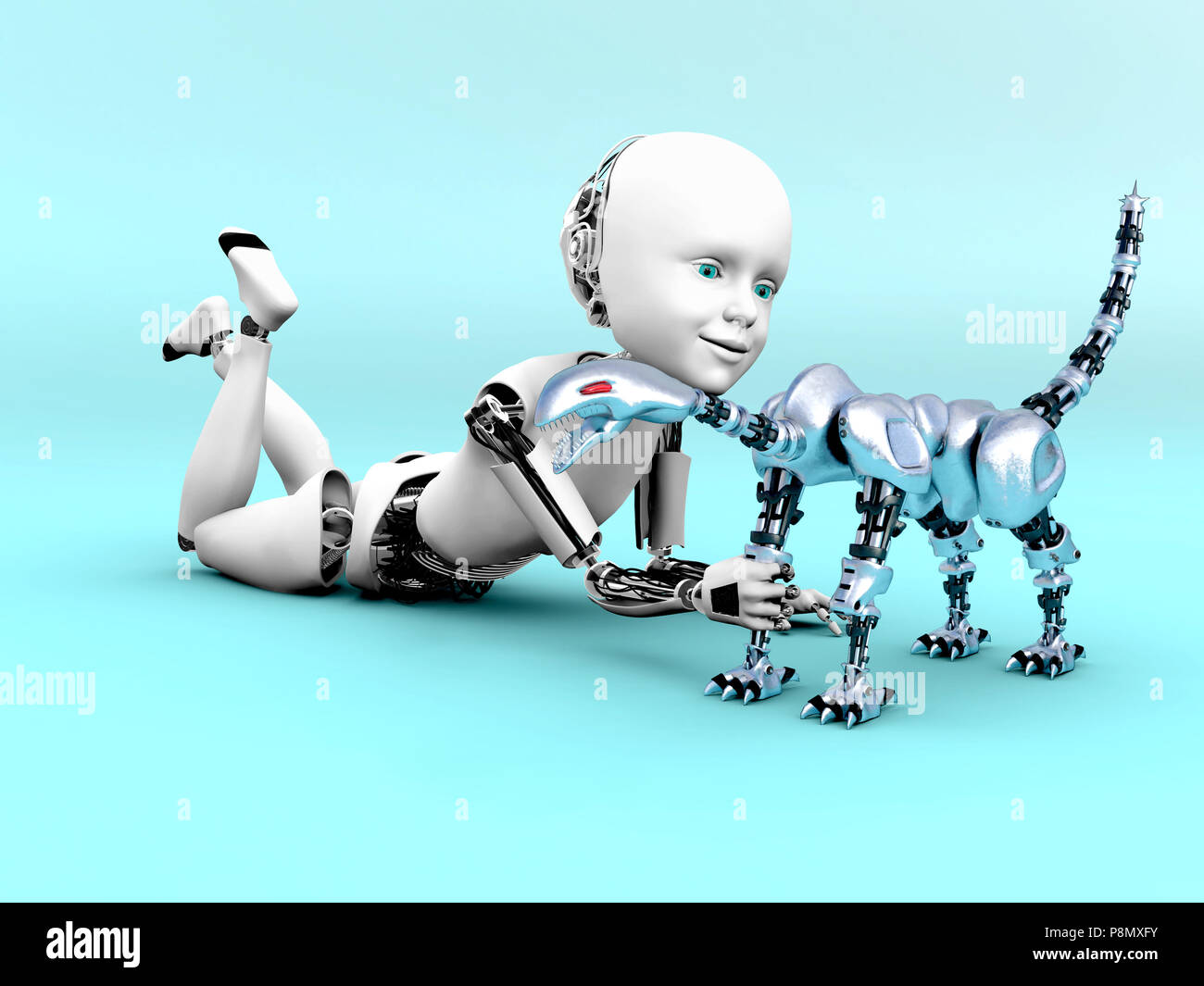 3D rendering of a robot child lying on the floor and playing with a toy  robot dog. Bluish background Stock Photo - Alamy