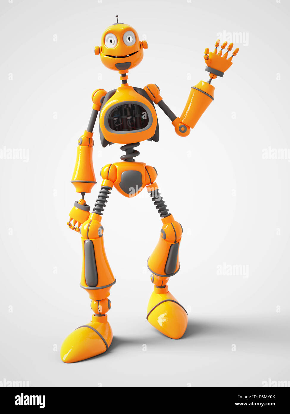 3D rendering of a yellow smiling cartoon robot waving hello. White background. Stock Photo