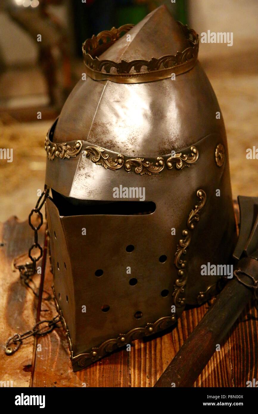 Full face medieval knights helmet with intricate metal work