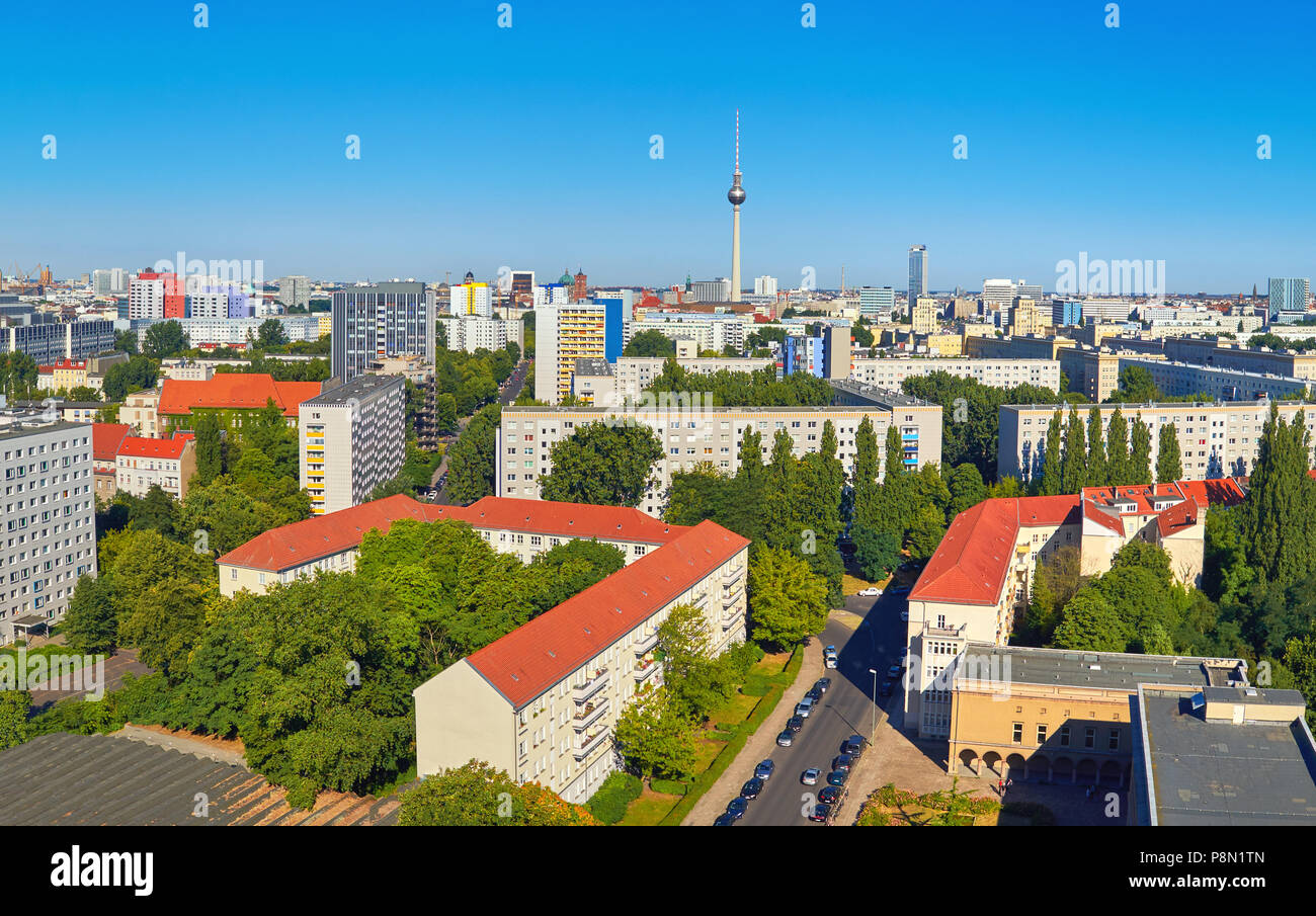Eastern Berlin from above: panoramic view over modern buildings and city skyline in Summer Stock Photo