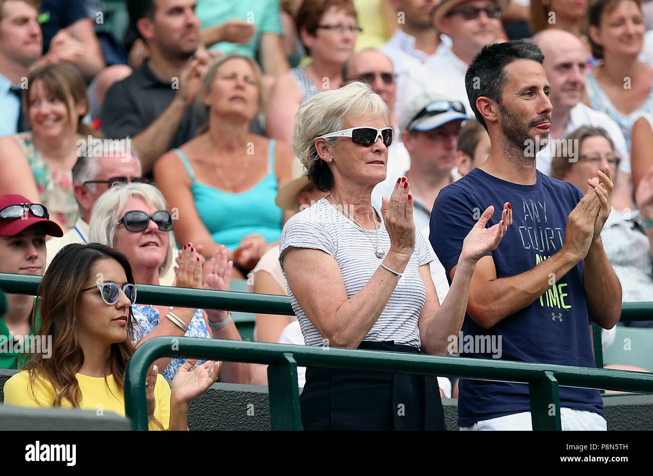 Jamie Murray's wife (left) Alejandra Gutierrez with his mother Judy Murray  (centre) on day ten of the Wimbledon Championships at the All England Lawn  Tennis and Croquet Club, Wimbledon Stock Photo -