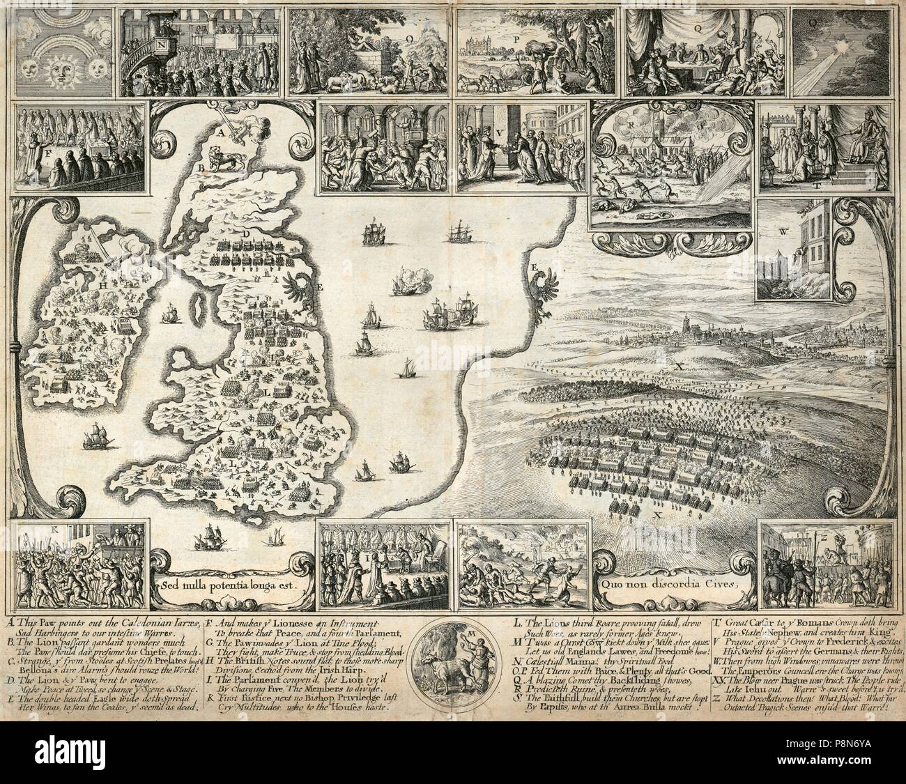 Map of the British Isles and illustrations of 17th century historical events, c1659. Artist: Wenceslaus Hollar. Stock Photo