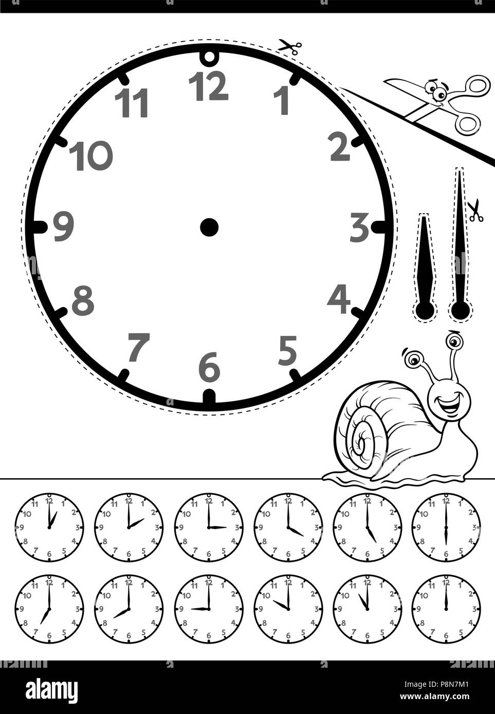Black and White Cartoon Illustrations of Clock Face Telling Time
