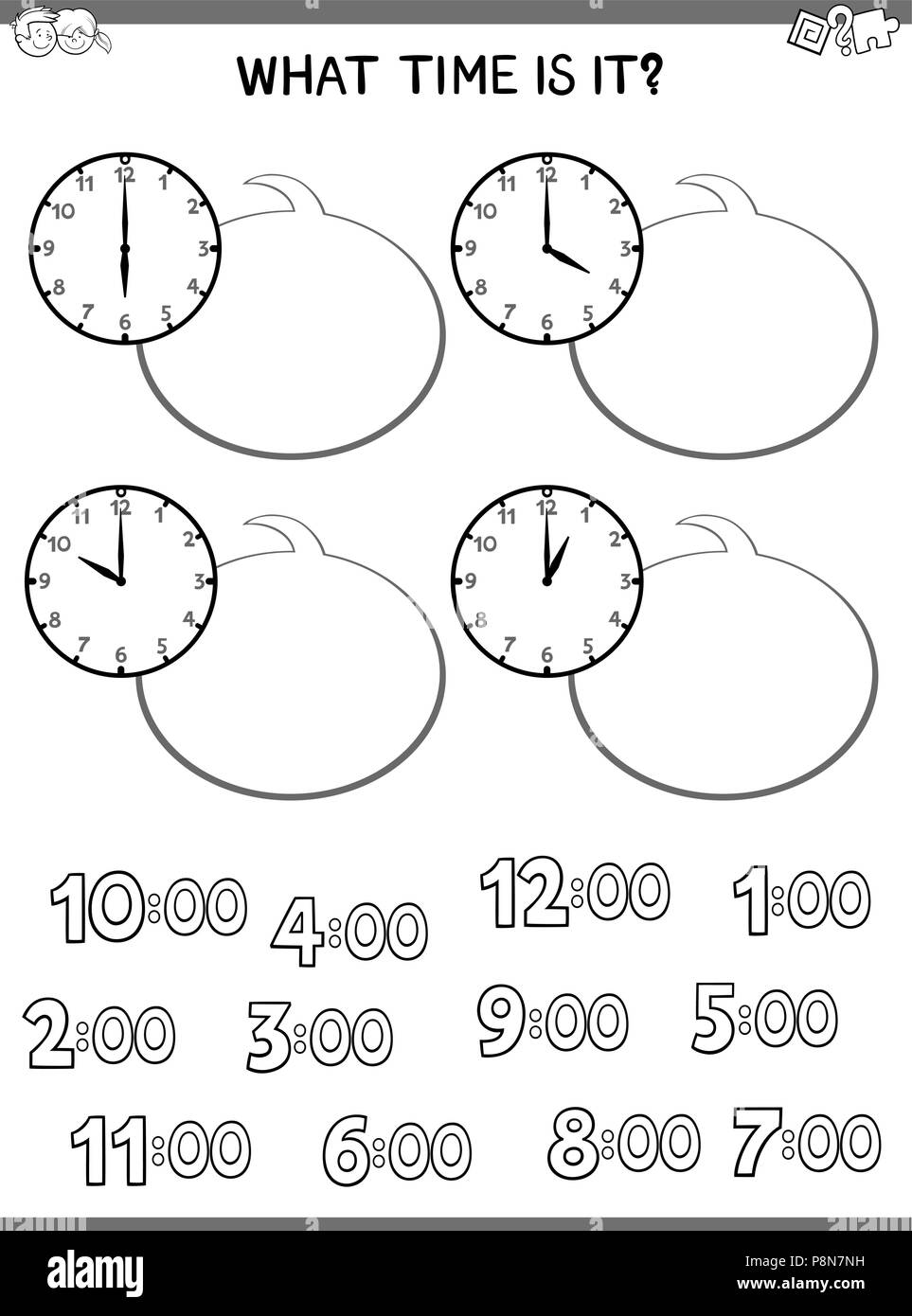 Black and White Cartoon Illustrations of Telling Time Educational Worksheet for Children with