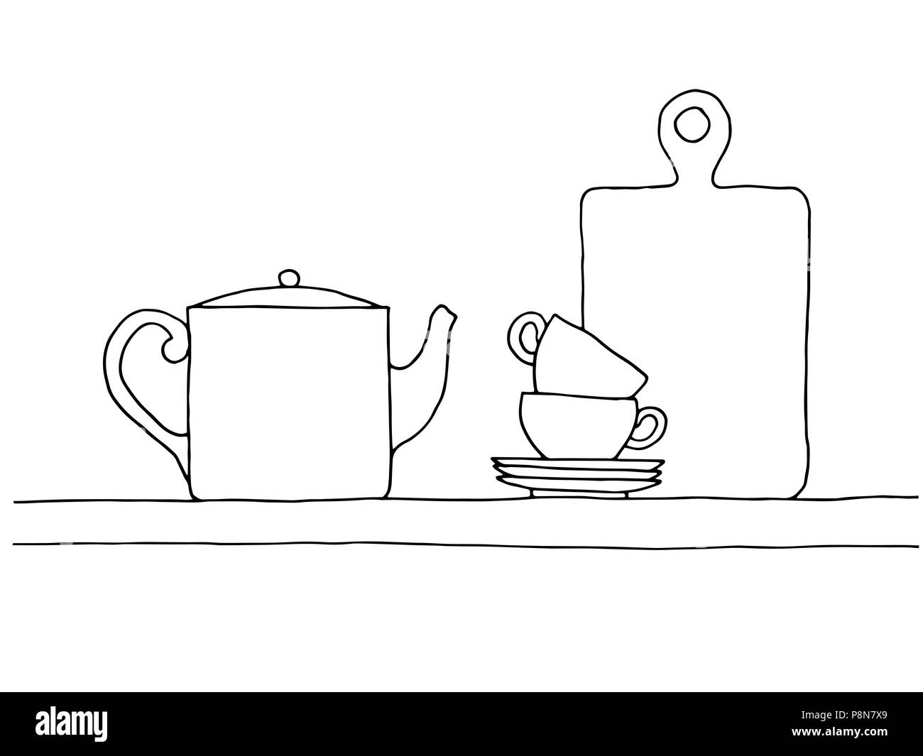 Sketch of a shelf with a kettle, cups and a cutting board. Vector illustration. Stock Vector