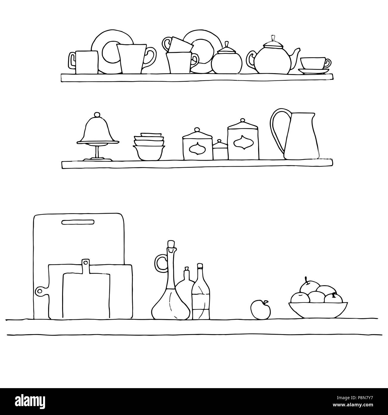 Sketch of shelves with different utensils. Vector illustration. Stock Vector