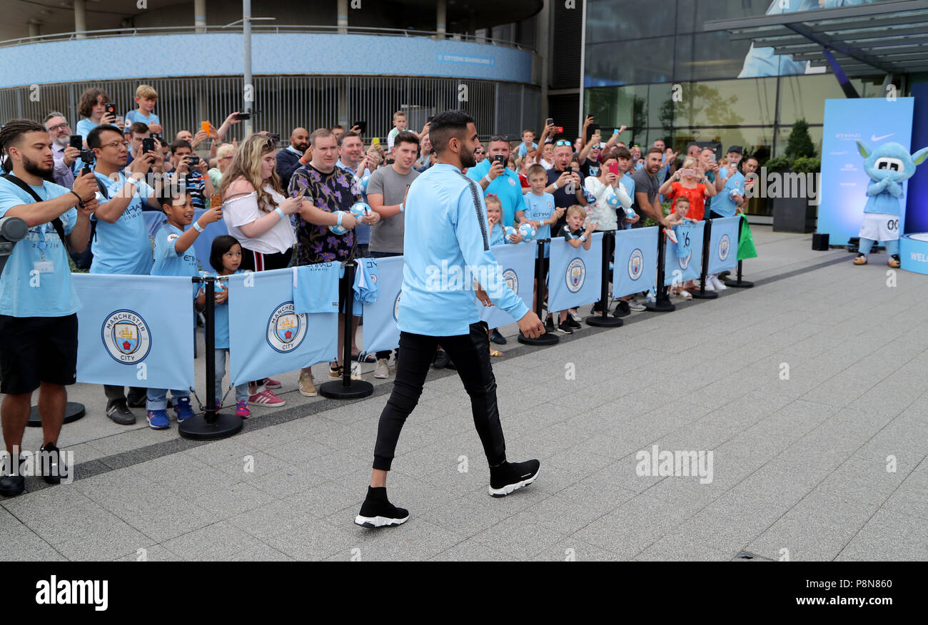 New Manchester City signing Riyad Mahrez greets fans at the Etihad Stadium, Manchester. Stock Photo