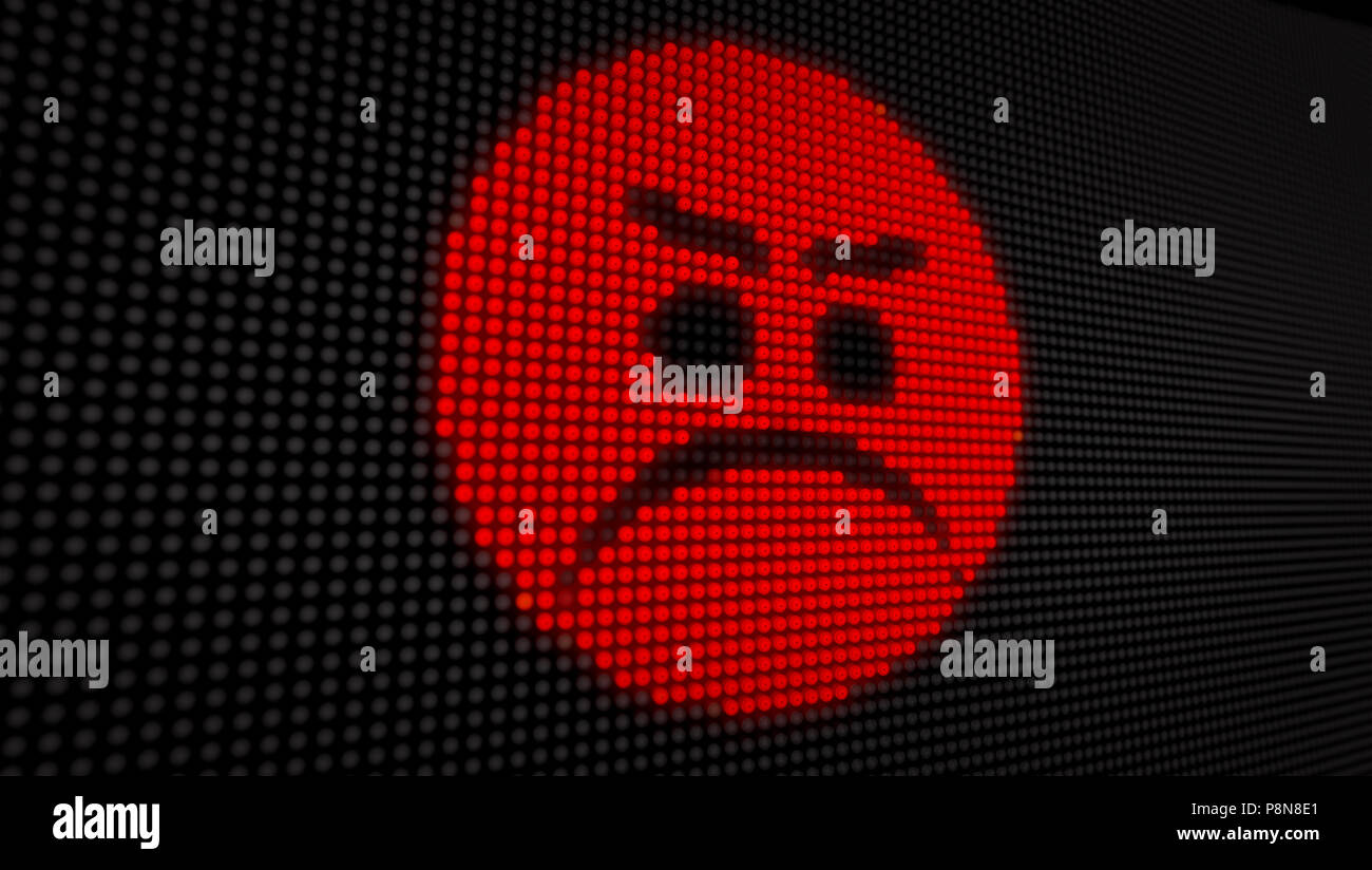 Emoticon angry face on big LED display with large pixels. Bright light irritation expression icon on bulbs display stylized 3D illustration. Stock Photo