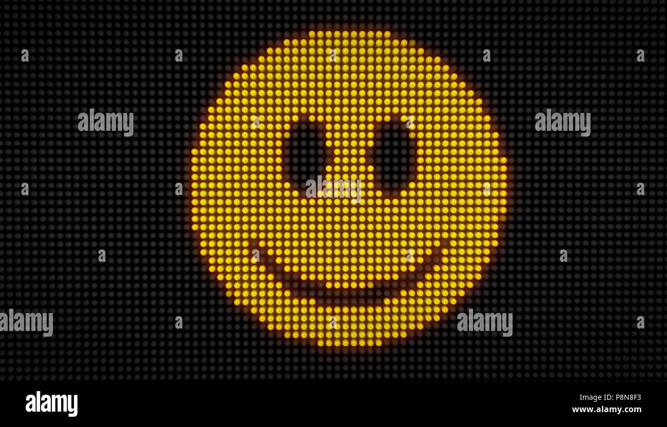 Emoticon smile face on big LED display with large pixels. Bright light happy expression icon on bulbs stylized display 3D illustration. Stock Photo