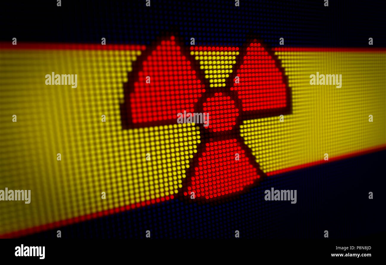 Nuclear radiation symbol on big LED display with large pixels. Bright light warning on lamps stylized screen 3D illustration. Stock Photo