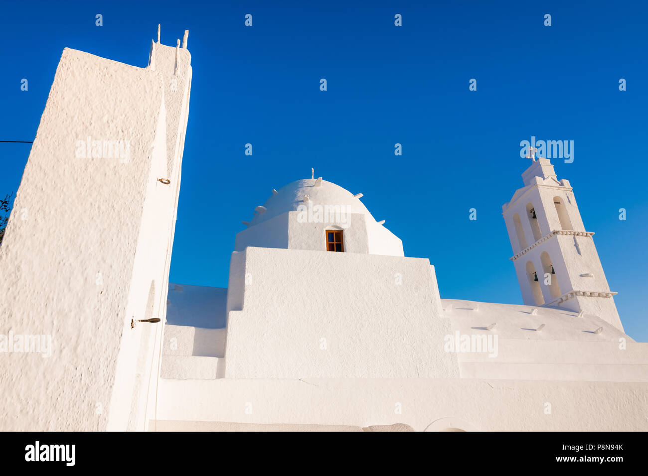The famous old church of Agia Irini, at the entrance of Yalos, the port of Ios island, Cyclades, Greece. Stock Photo
