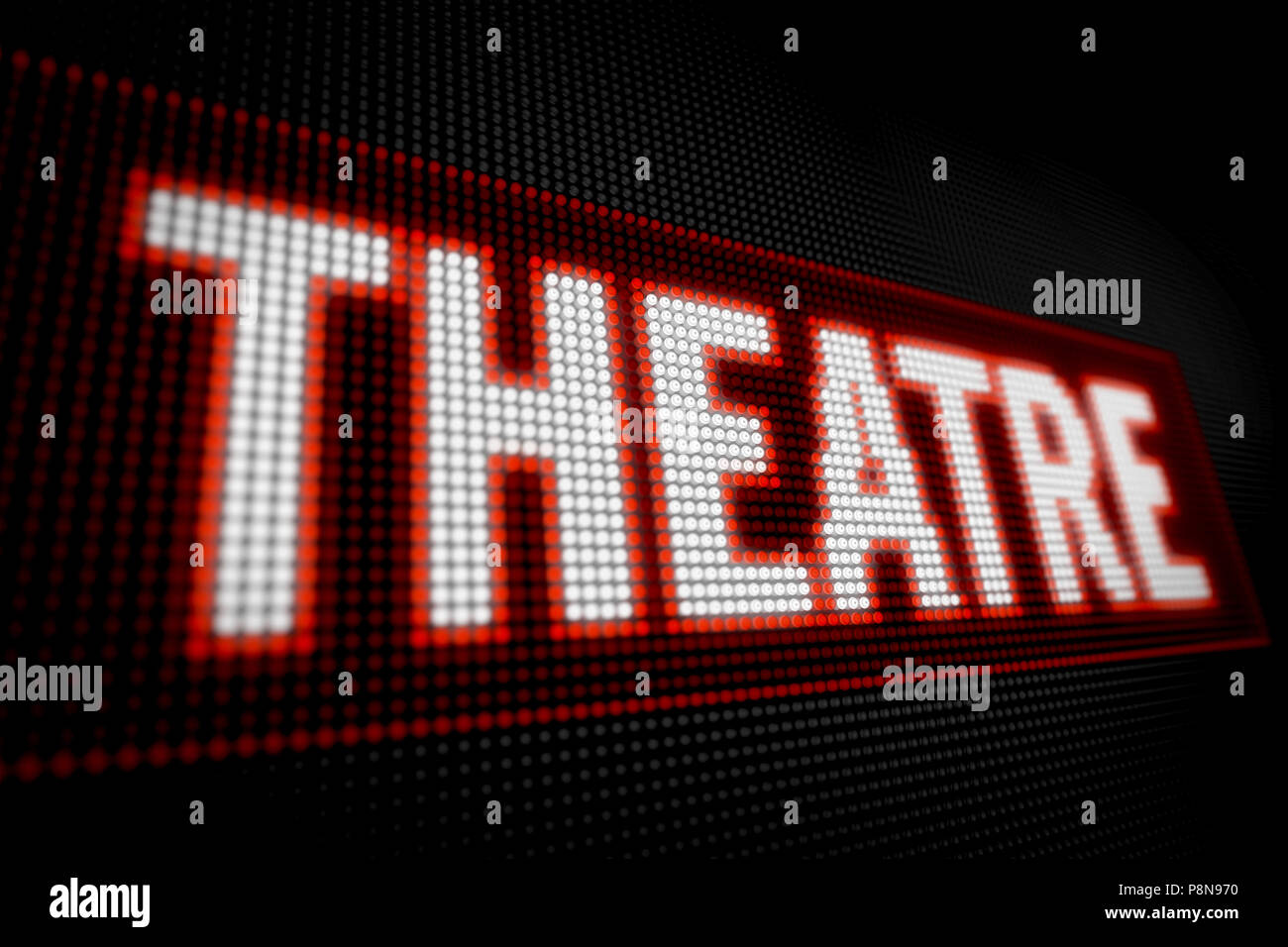 Theatre neon text on big LED display with large pixels. Characters ...