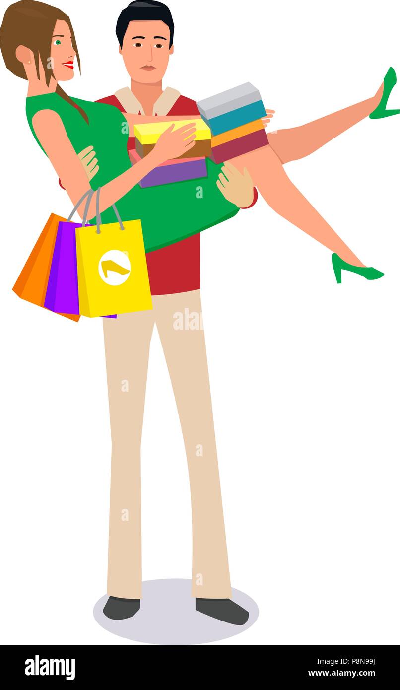 A man carries a girl who holds shopping bags. Happy woman in the hands of a sad man after shopping. Flat style in vector. Stock Vector