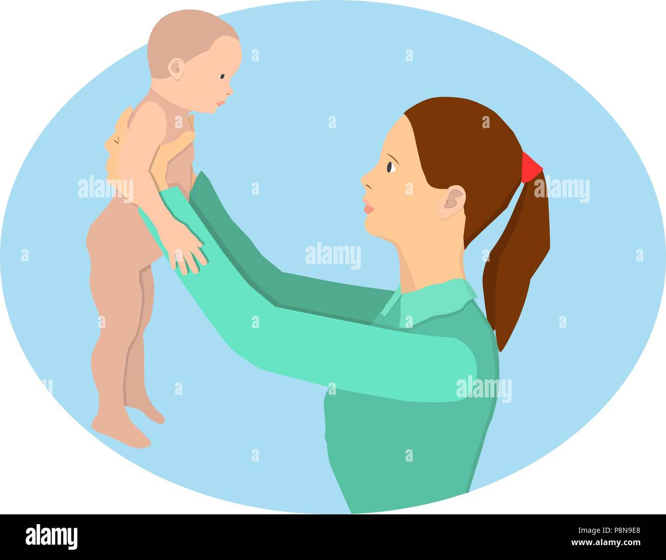A young mother is holding her daughter in her arms. Woman with a child in the style of flat. Stock Vector
