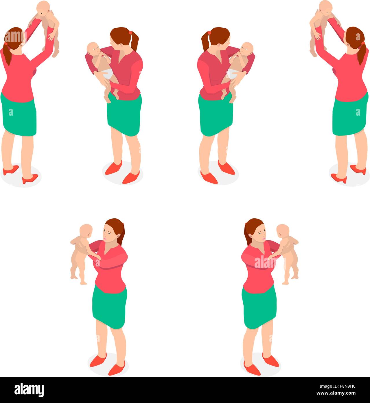 The girl is holding a child. A young mother with a child in different angles isometric. Stock Vector