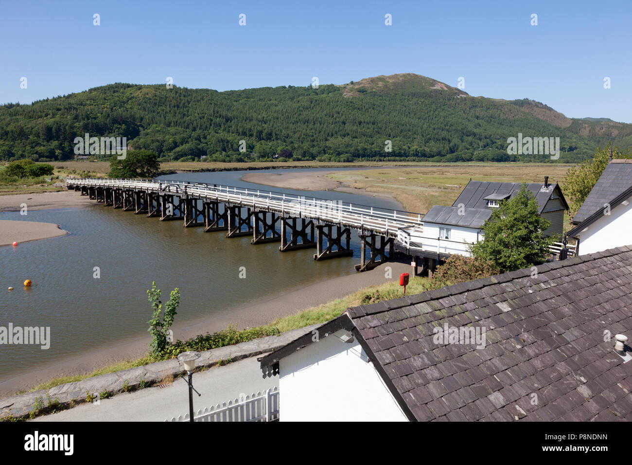 Toll bridge across the River Mawddach, Penmaenpool, Gwynedd, Wales
