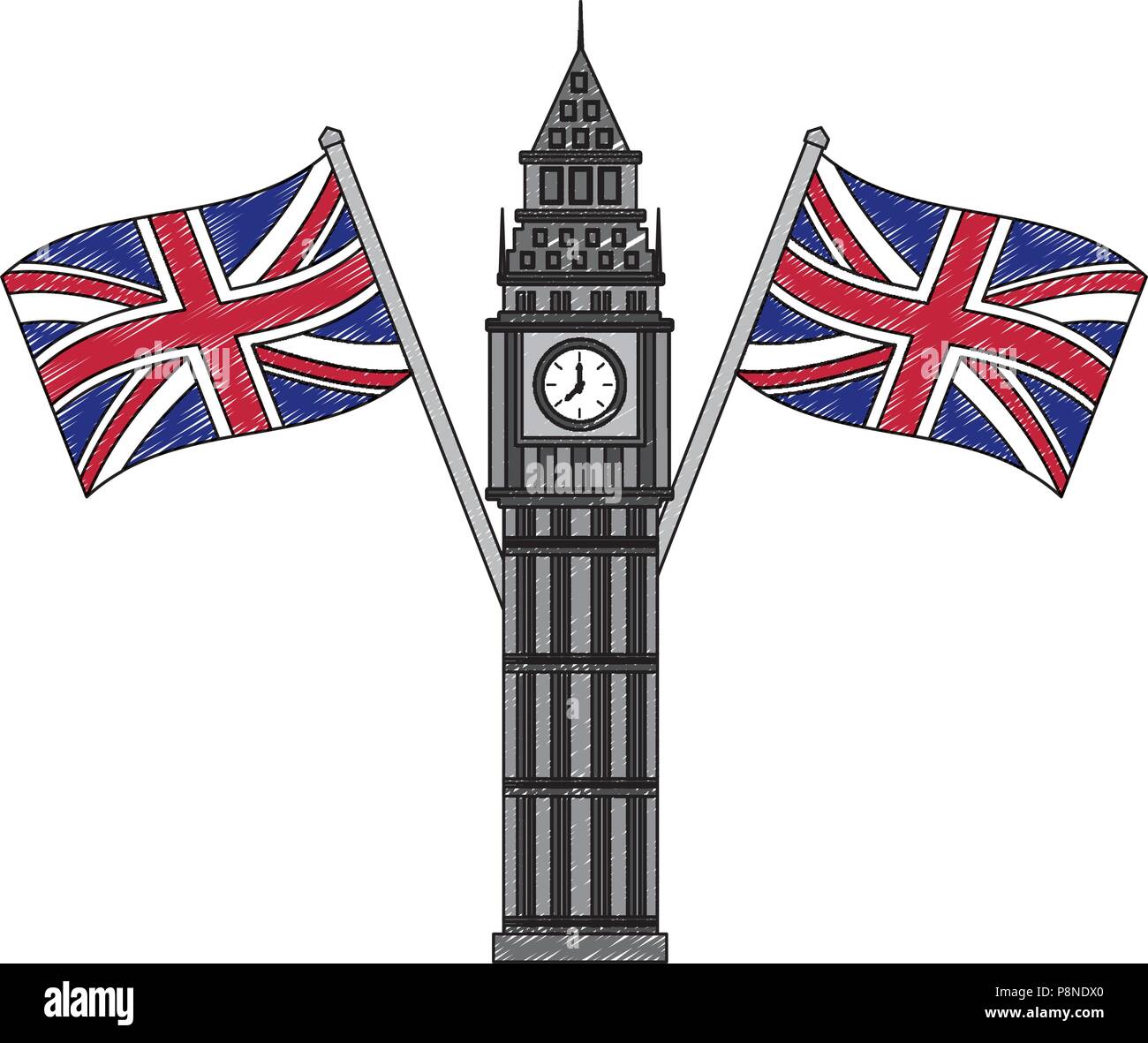 big ben tower british landmark with flags of great britain vector illustration design Stock Vector