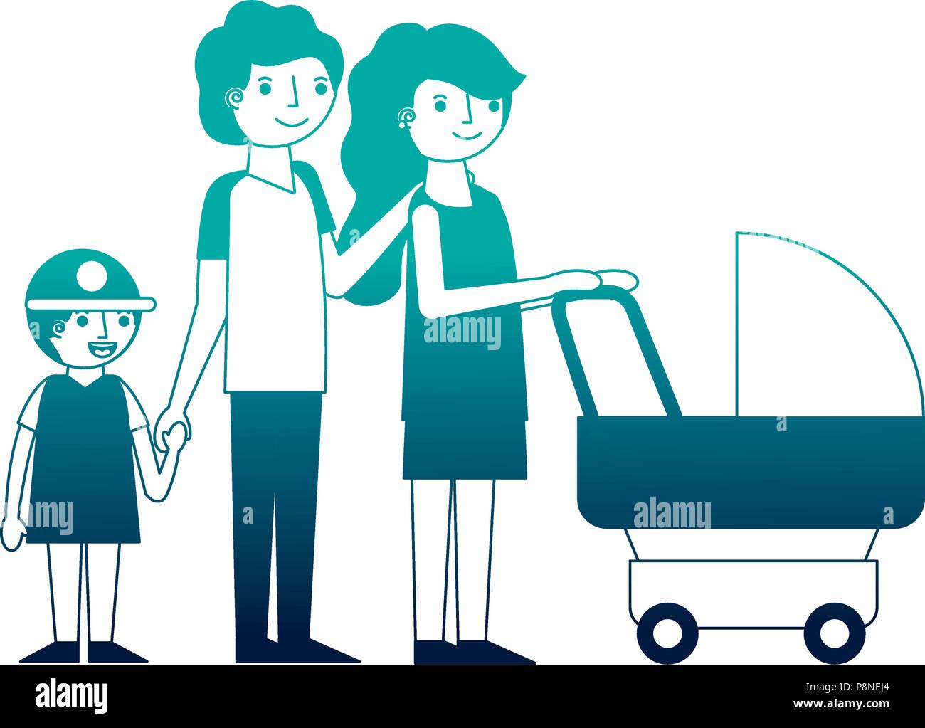 Family Mom Dad And Son With Baby Stroller Vector Illustration Neon Stock Vector Image Art Alamy